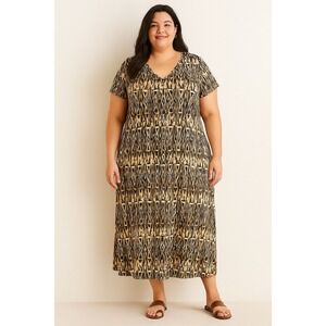 J. Jill 4X Brown Tan Print V Neck Short Sleeve Rayon Spandex Maxi Dress